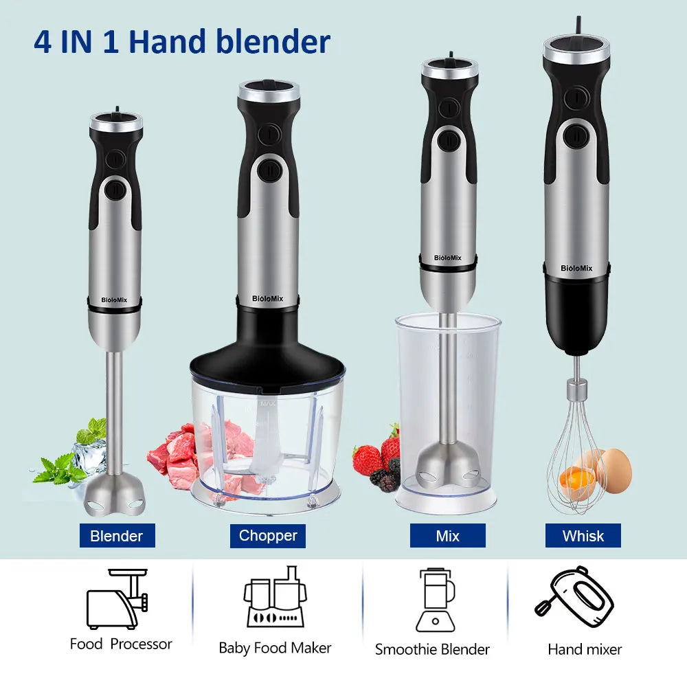 BioloMix 1200W Immersion Blender 5-in-1 Set Includes Vegetable Chopper Meat Grinder Whisk Smoothie Cup