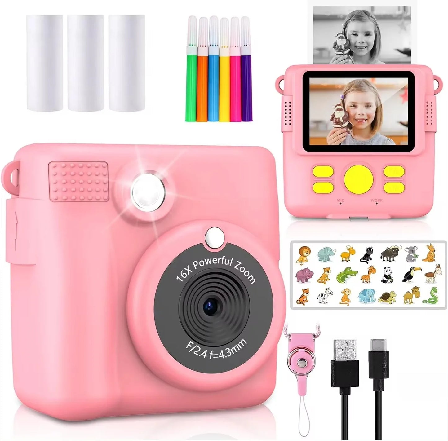 Portable Instant Print Camera for Kids - 1080P HD Video Camera with 3 Rolls Photo Paper and 32GB Card