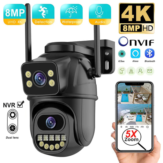 4K 8MP Security Camera 5X Zoom Dual Lens Dual Screen Outdoor WiFi Home Protection 6MP IP PTZ CCTV Video Surveillance Camera