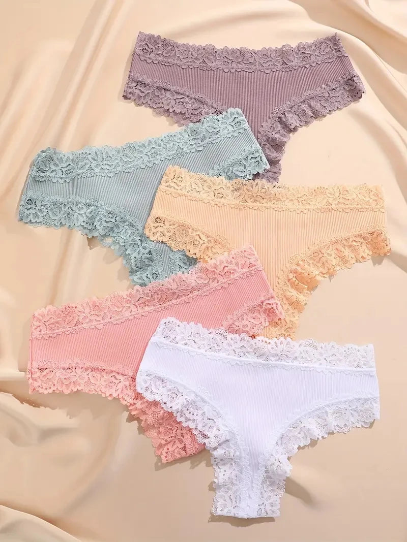 FINETOO Mutandine in Cotone e Pizzo Floreale (5 Pezzi) - Slip Bikini Bassa. TK