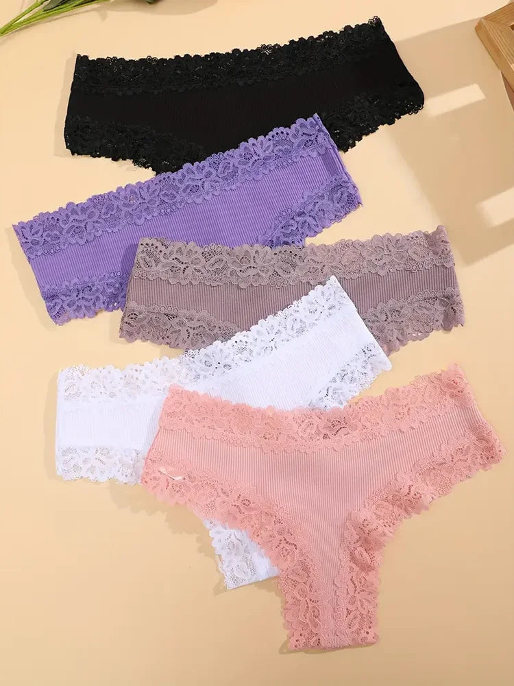 FINETOO Mutandine in Cotone e Pizzo Floreale (5 Pezzi) - Slip Bikini Bassa. TK