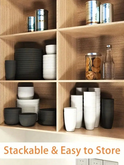 4/16/24pcs Reusable plastic tableware set, including plates, bowls and cups. Suitable for family picnics and school supplies