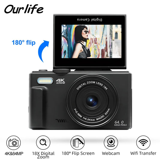 Ourlife Compact Digital Photography Camera 4K 18X Digital Zoom Vintage Video Recorder 180° Flip Screen Cameras WiFi WebCam