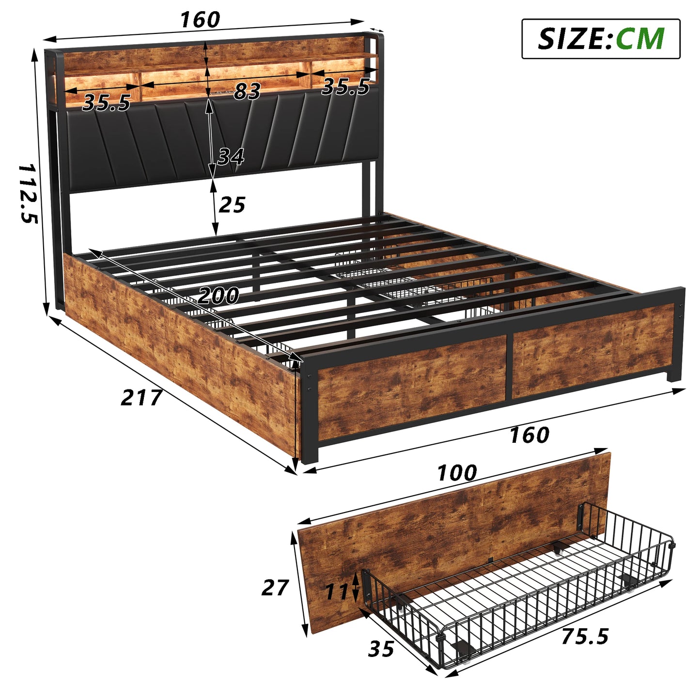 Letto Matrimoniale Imbottito 140/160/180x200 con LED RGB e USB – Letto con 4 Cassetti Contenitore, Testiera Multifunzionale con Presa Elettrica, Design Moderno