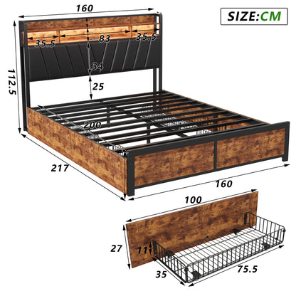 Letto Matrimoniale Imbottito 140/160/180x200 con LED RGB e USB – Letto con 4 Cassetti Contenitore, Testiera Multifunzionale con Presa Elettrica, Design Moderno