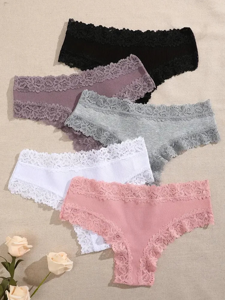 FINETOO Mutandine in Cotone e Pizzo Floreale (5 Pezzi) - Slip Bikini Bassa. TK
