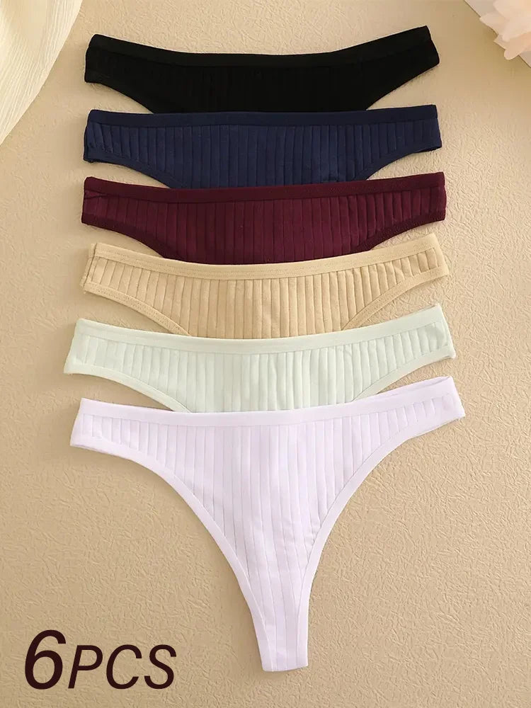 6Pcs/Set Women Cotton Thongs Panties Female Ribbed Low