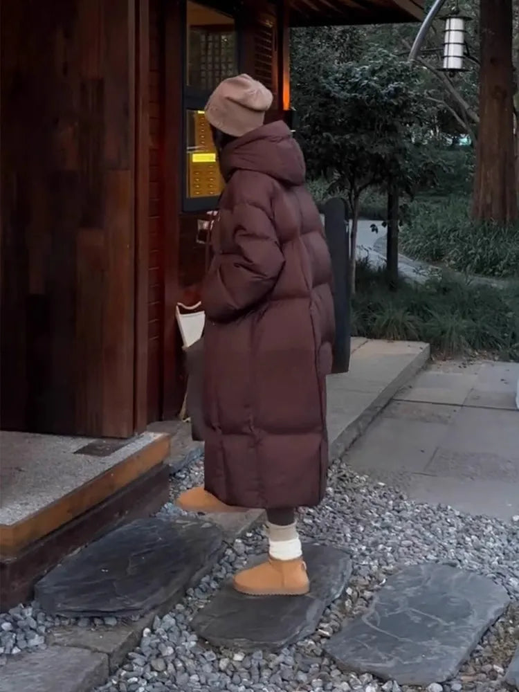 Women’s Korean Long Down Cotton Padded Jacket – Thick Hooded Winter Overcoat Solid Warm Topcoat 2026