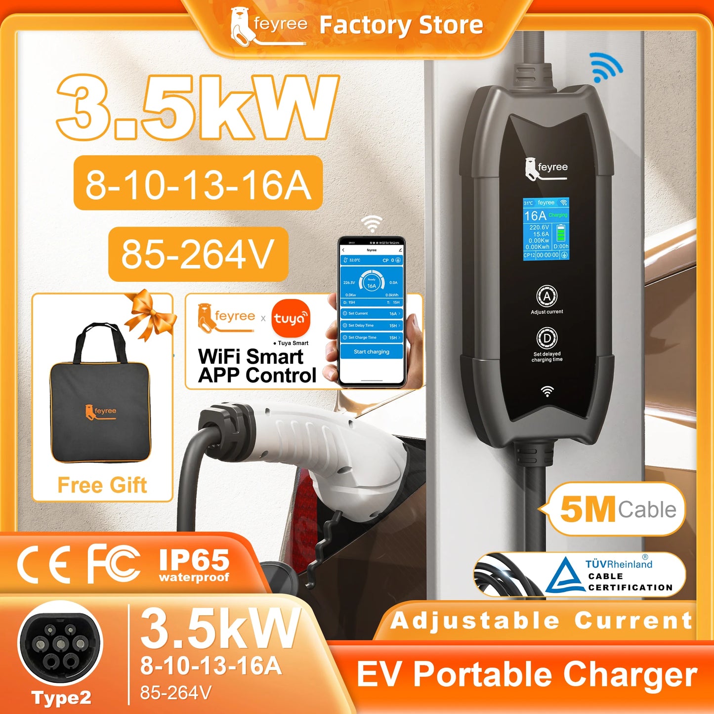 feyree EV Charger Type2 16A 3.5KW 1Phase WIFI APP Control 5M Cable Portable Charging Box Set Charging&DelayTime for EV Cars