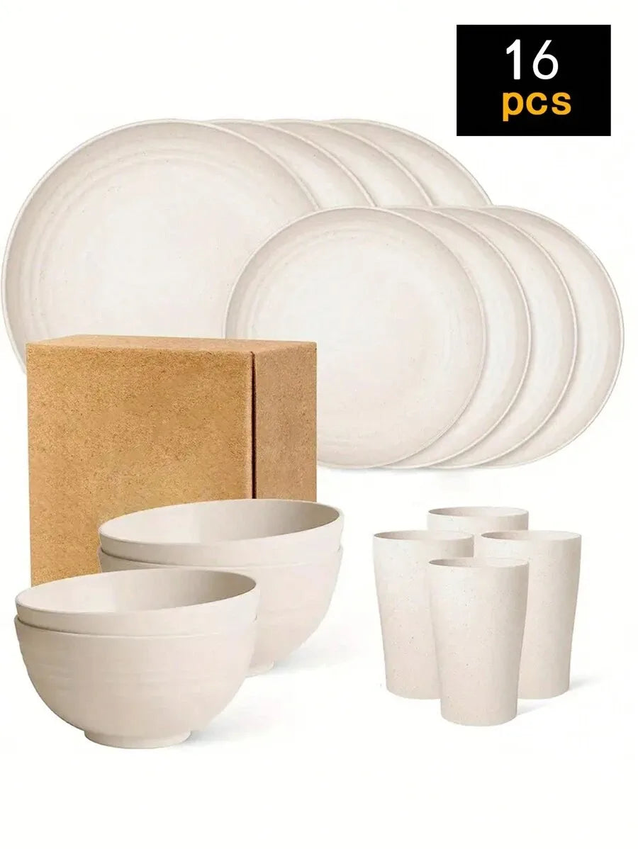4/16/24pcs Reusable plastic tableware set, including plates, bowls and cups. Suitable for family picnics and school supplies