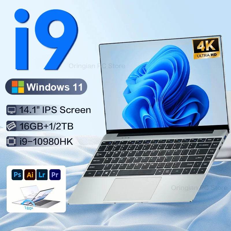 2026 New Core i9 10980HK Portable Laptop Computer 16GB DDR4 1TB 2TB SSD 14.1" Notebook Windows 11 Pro 4K Office Study Gaming PC