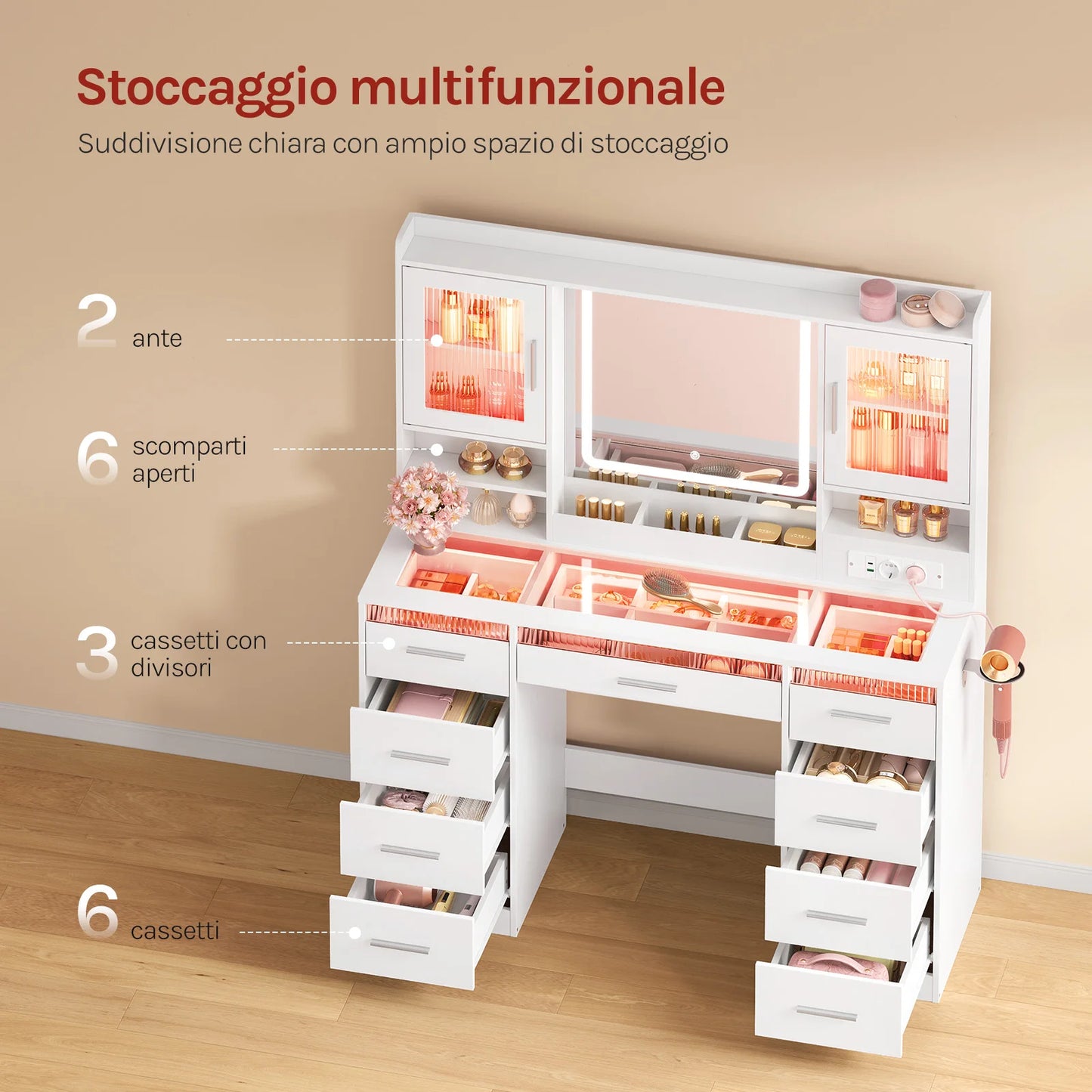 WOLTU Makeup Vanity Table with RGB LED Lighting – Dressing Table with Mirror, 9 Drawers, Glass Top & Storage Cabinets for Bedroom