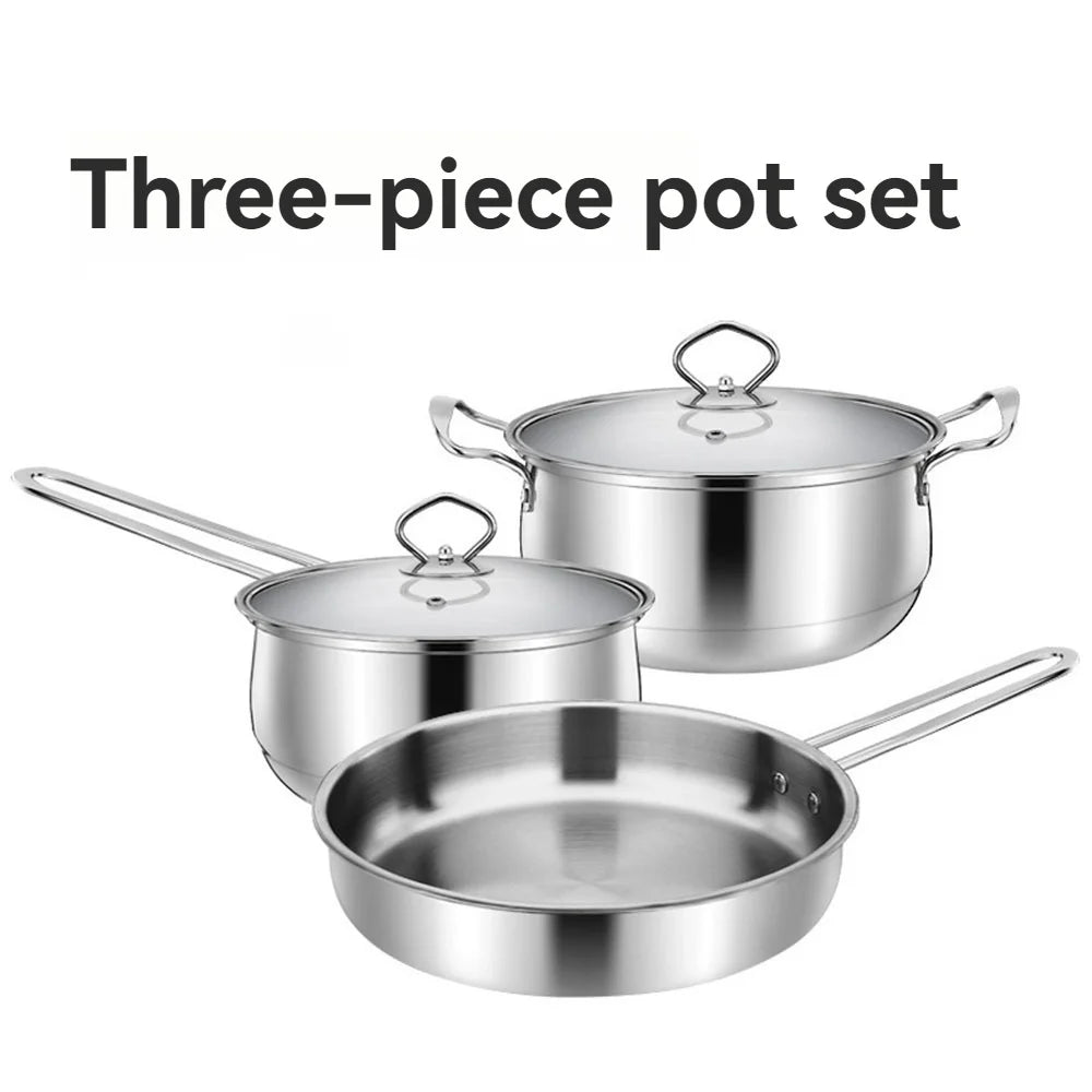 2/3pcs set Stainless Steel Cookware Set Flat Bottom Frying Pan Soup Pot Milk Pot Kit Induction Cooker Cooking Pan for Home Kitch