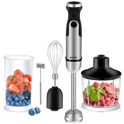 BioloMix 1200W Immersion Blender 5-in-1 Set Includes Vegetable Chopper Meat Grinder Whisk Smoothie Cup