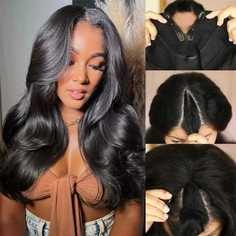 V Part Wig Body Wave Human Hair Wigs For Women Glueless Brazilian Natural Color 220 Density Machine Made V Shape Wigs 30 36 Inch