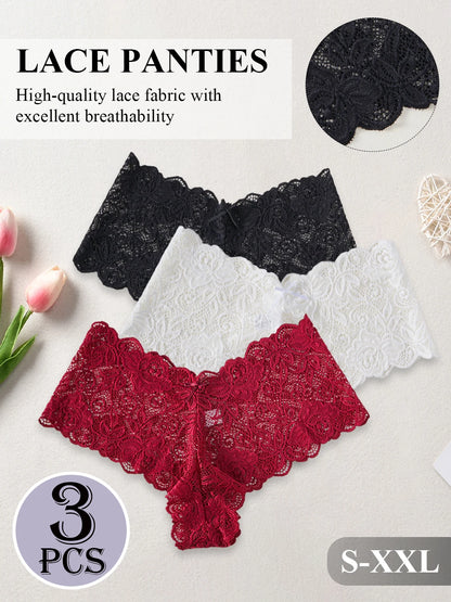 Slip in Pizzo con Taglio a V e Ricamo Floreale (3 Pezzi) - Intimo Semitrasparente. TK