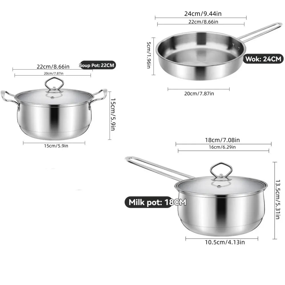 2/3pcs set Stainless Steel Cookware Set Flat Bottom Frying Pan Soup Pot Milk Pot Kit Induction Cooker Cooking Pan for Home Kitch