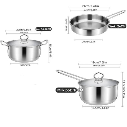 2/3pcs set Stainless Steel Cookware Set Flat Bottom Frying Pan Soup Pot Milk Pot Kit Induction Cooker Cooking Pan for Home Kitch