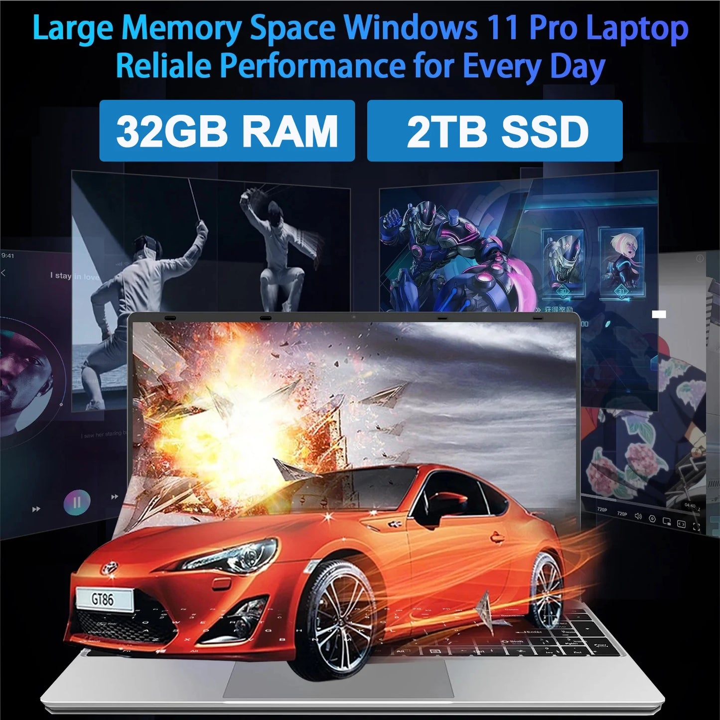 Laptop 15.6" Intel 6500Y 32GB RAM 2TB SSD Windows 11 Notebook Ultra Slim con Tastiera Retroilluminata Fingerprint WiFi PC Portatile Lavoro Gaming