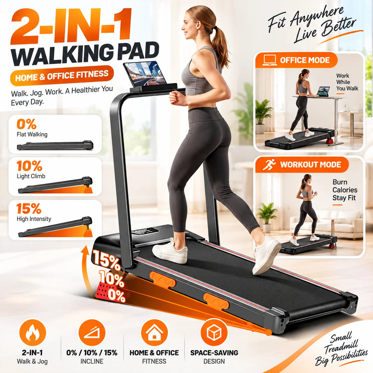 Sinaopus Tapis Roulant 3-in-1 Sotto Scrivania | Inclinazione 15%. TK