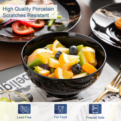 MALACASA marble black tableware set, 16-piece porcelain tableware set, dinnerware set plates and bowls, cups and saucers