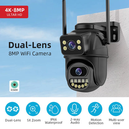 4K 8MP Security Camera 5X Zoom Dual Lens Dual Screen Outdoor WiFi Home Protection 6MP IP PTZ CCTV Video Surveillance Camera