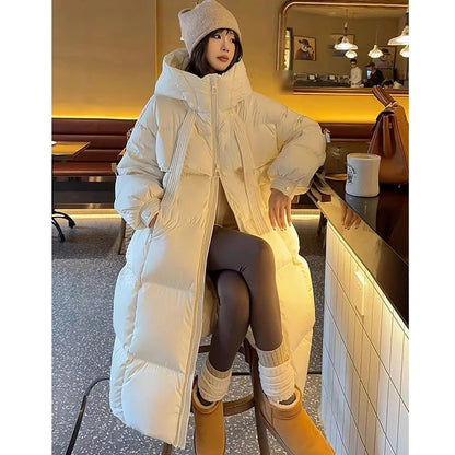 Women’s Korean Long Down Cotton Padded Jacket – Thick Hooded Winter Overcoat Solid Warm Topcoat 2026
