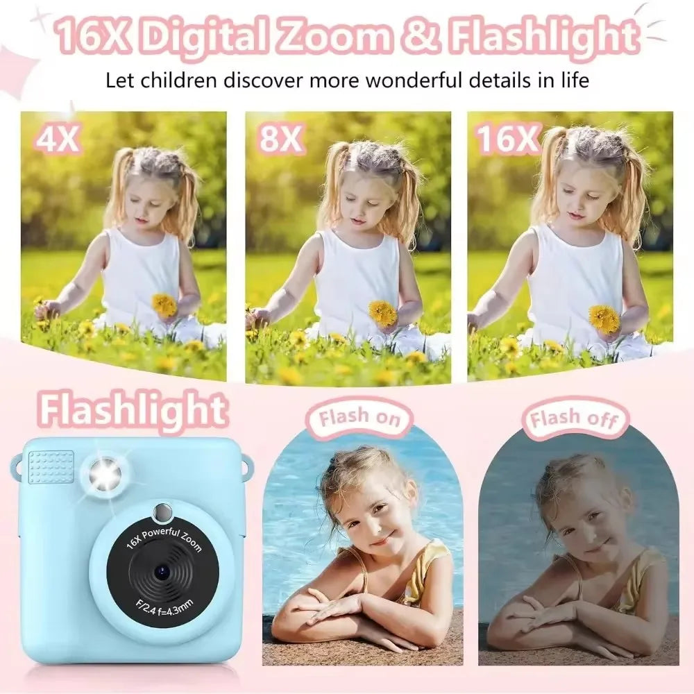 Portable Instant Print Camera for Kids - 1080P HD Video Camera with 3 Rolls Photo Paper and 32GB Card