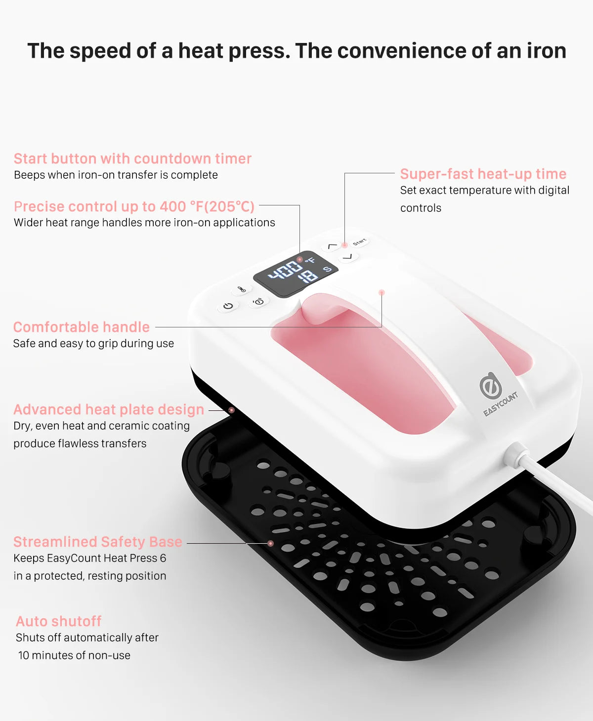 HP6 Heat Press Machine – 7''x5'' Portable T-Shirt Press – Fast Heat-Up Iron for T-Shirts, Heat Transfer & DIY Projects (Pink)