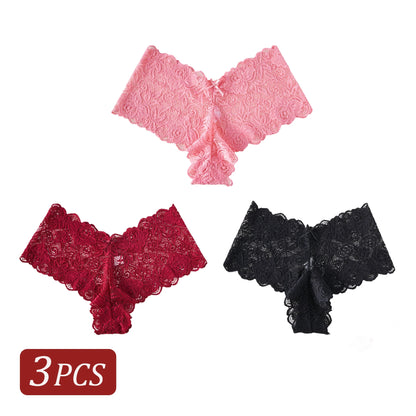 Slip in Pizzo con Taglio a V e Ricamo Floreale (3 Pezzi) - Intimo Semitrasparente. TK