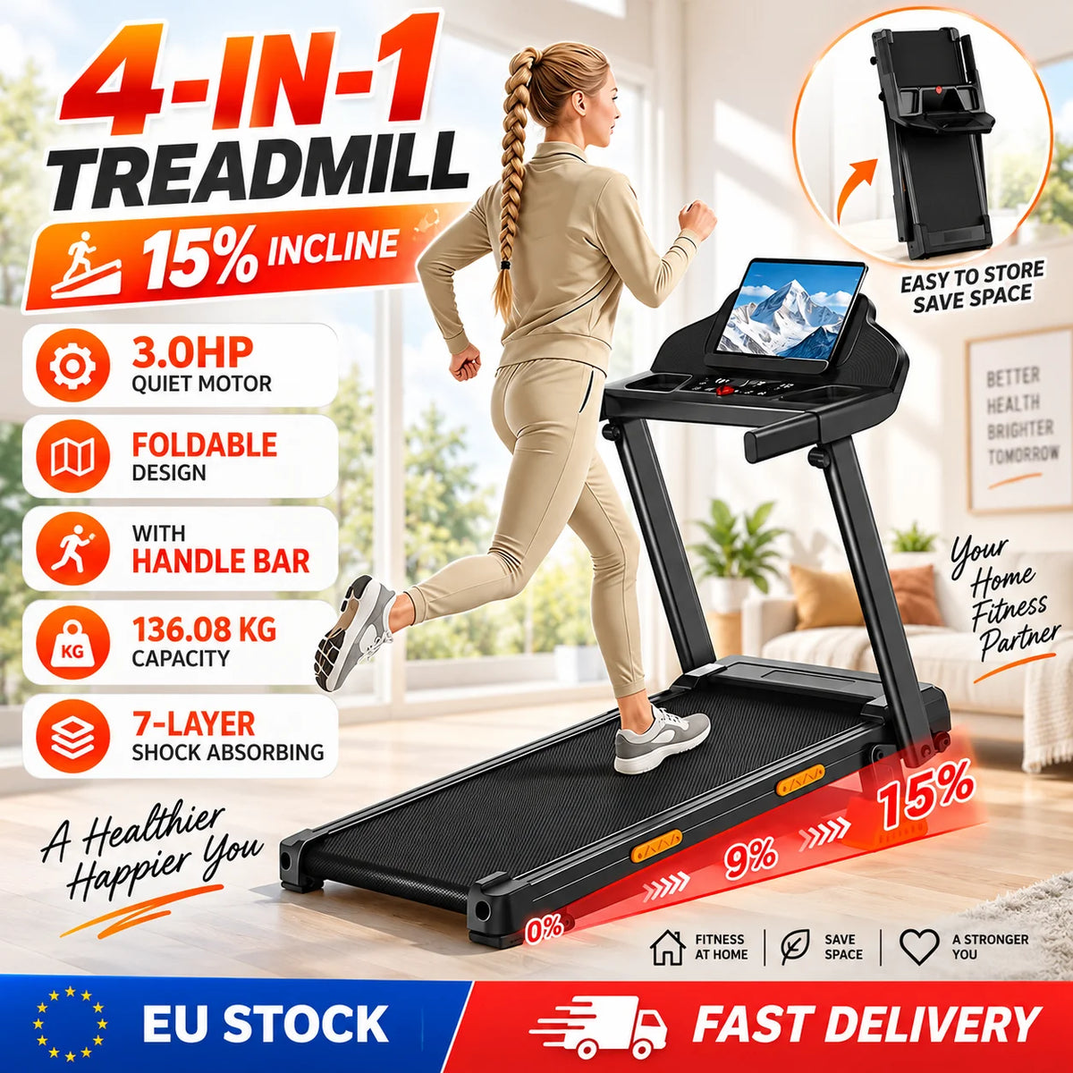 Tapis roulant pieghevole inclinazione 15%, Sinaopus 4-in-1 folding treadmill, Tapis roulant salvaspazio 170 kg (300lbs).TK