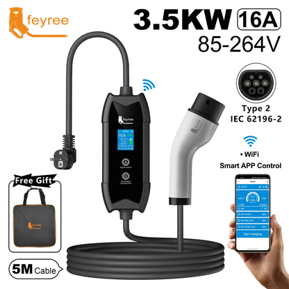 feyree EV Charger Type2 16A 3.5KW 1Phase WIFI APP Control 5M Cable Portable Charging Box Set Charging&DelayTime for EV Cars