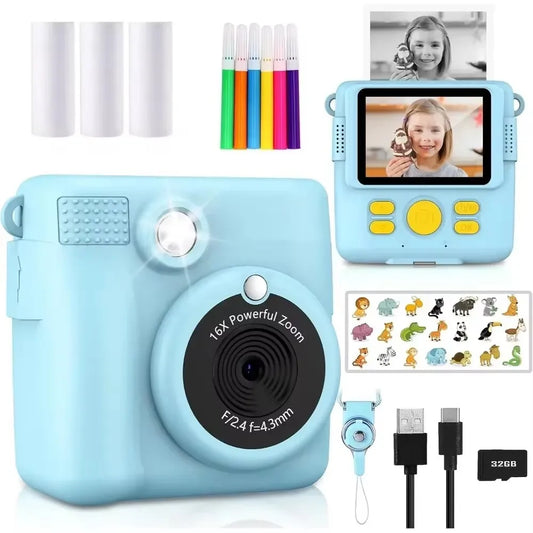 Portable Instant Print Camera for Kids - 1080P HD Video Camera with 3 Rolls Photo Paper and 32GB Card