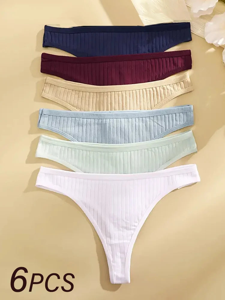 6Pcs/Set Women Cotton Thongs Panties Female Ribbed Low