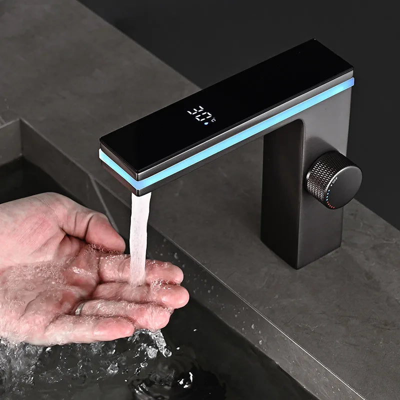 Digital Display Bathroom Basin Faucet Intelligent LED Brass Deck