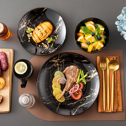 MALACASA marble black tableware set, 16-piece porcelain tableware set, dinnerware set plates and bowls, cups and saucers