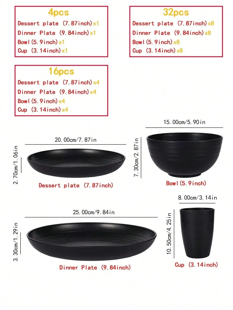 4/16/24pcs Reusable plastic tableware set, including plates, bowls and cups. Suitable for family picnics and school supplies