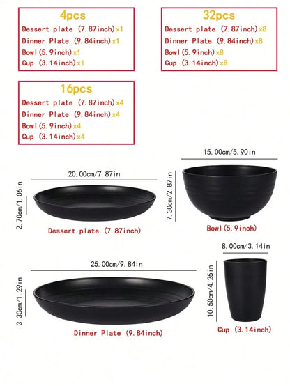 4/16/24pcs Reusable plastic tableware set, including plates, bowls and cups. Suitable for family picnics and school supplies