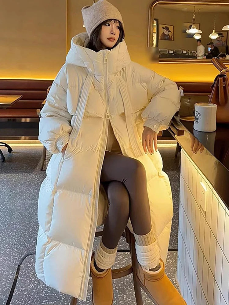 Women’s Korean Long Down Cotton Padded Jacket – Thick Hooded Winter Overcoat Solid Warm Topcoat 2026