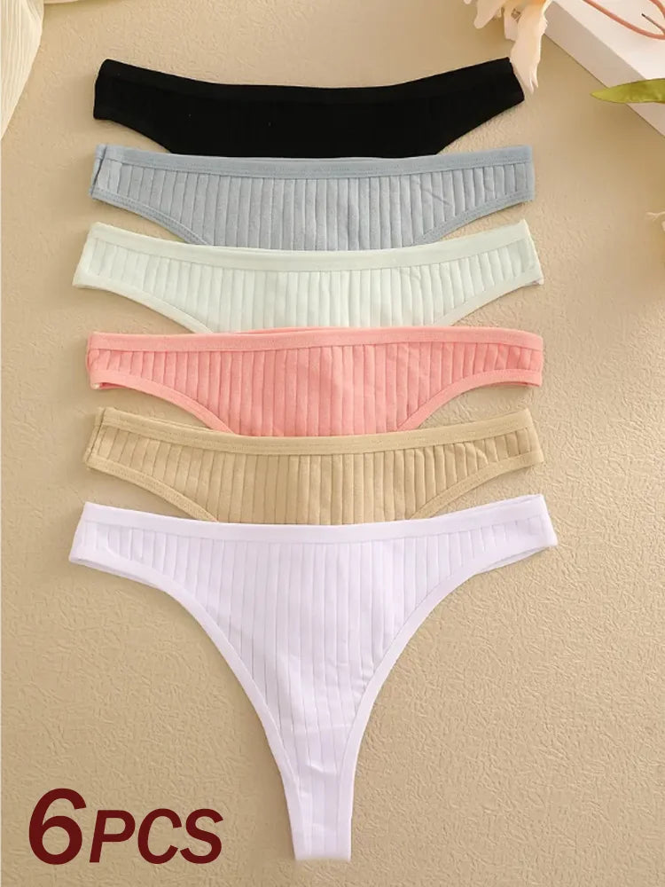 6Pcs/Set Women Cotton Thongs Panties Female Ribbed Low