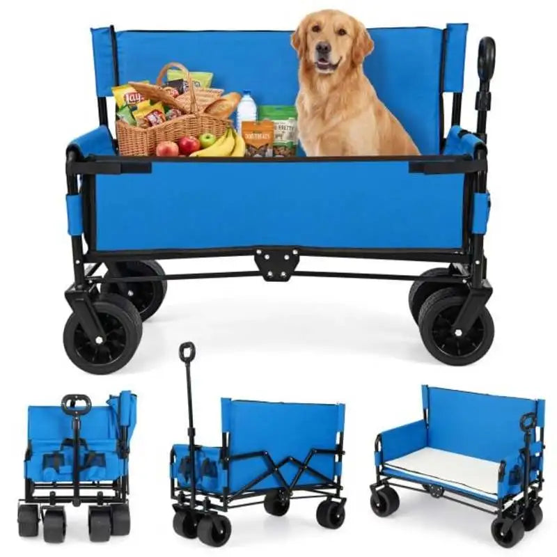 2-in-1 Folding Beach Cart & Bench – Heavy Duty Transport Wagon with Adjustable Push/Pull Handle, Soft Cushions & All-Terrain Wheels – Blue