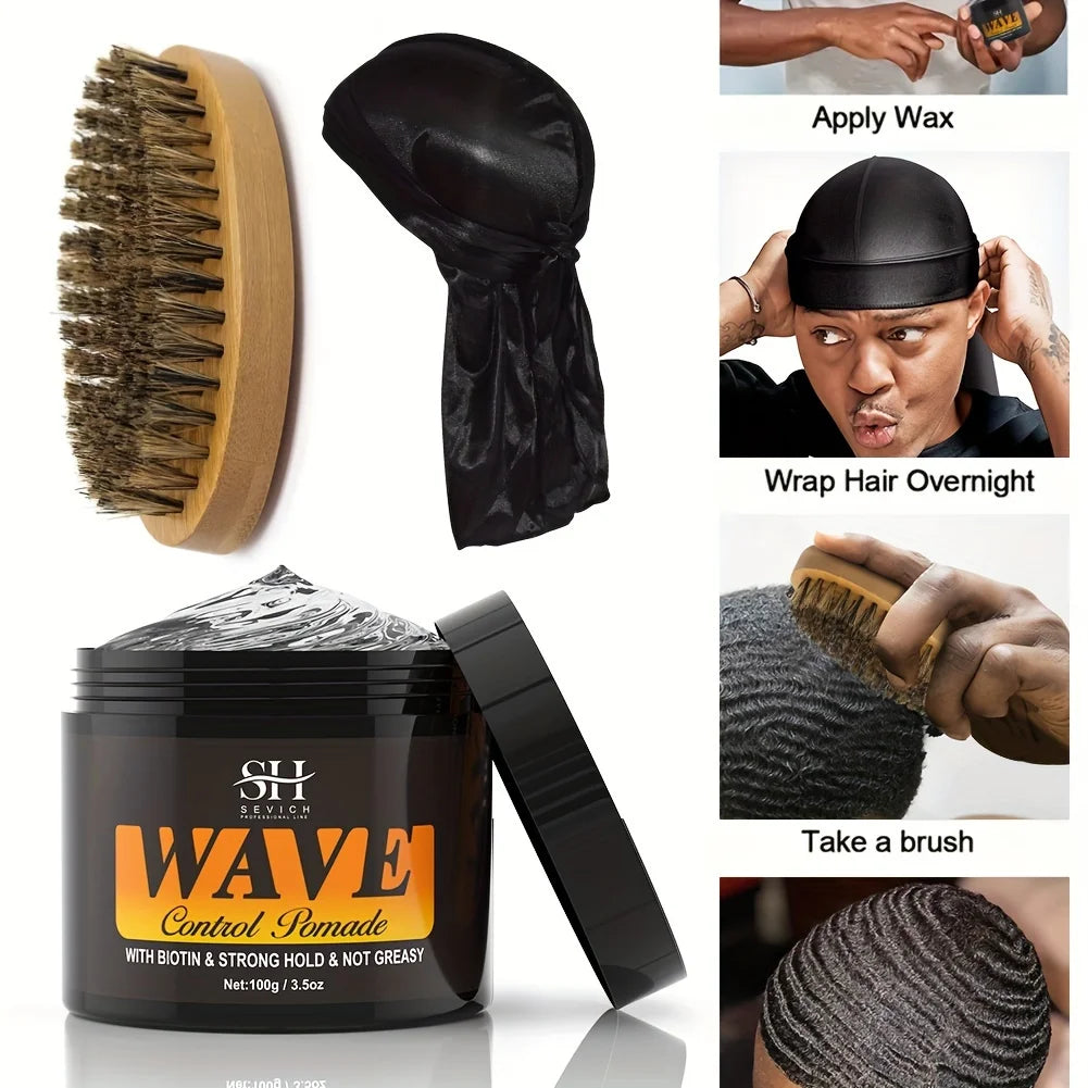 100g Waves Control Pomade Set 360 Wavy Hair Oil With Brush Natural Silky Shine Style Sport Waves Cream For African Black Men
