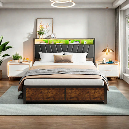 Letto Matrimoniale Imbottito 140/160/180x200 con LED RGB e USB – Letto con 4 Cassetti Contenitore, Testiera Multifunzionale con Presa Elettrica, Design Moderno