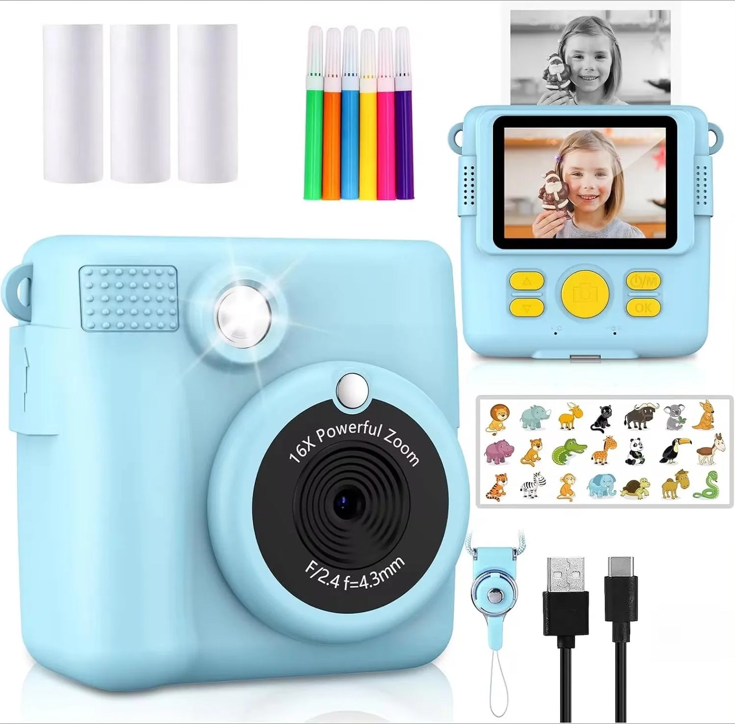 Portable Instant Print Camera for Kids - 1080P HD Video Camera with 3 Rolls Photo Paper and 32GB Card