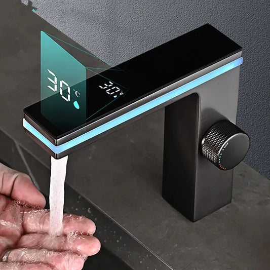 Digital Display Bathroom Basin Faucet Intelligent LED Brass Deck