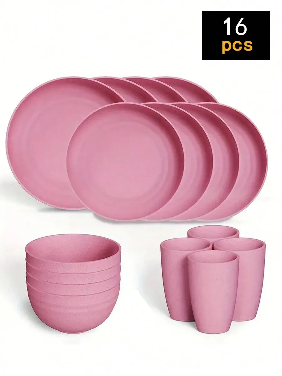 4/16/24pcs Reusable plastic tableware set, including plates, bowls and cups. Suitable for family picnics and school supplies