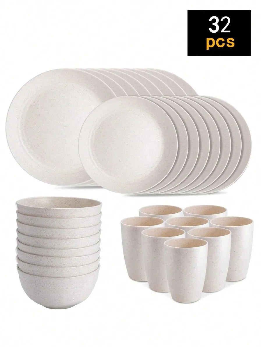 4/16/24pcs Reusable plastic tableware set, including plates, bowls and cups. Suitable for family picnics and school supplies