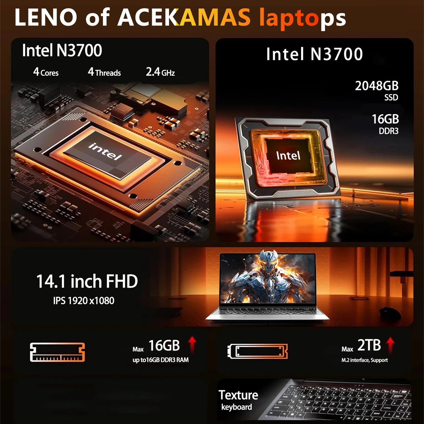 Laptop 14.1" Full HD IPS Intel N3700 Quad Core | 16GB RAM DDR3 | SSD 512GB/1TB/2TB | Windows 11 Pro | Notebook Ultrabook Leggero per Lavoro e Studio