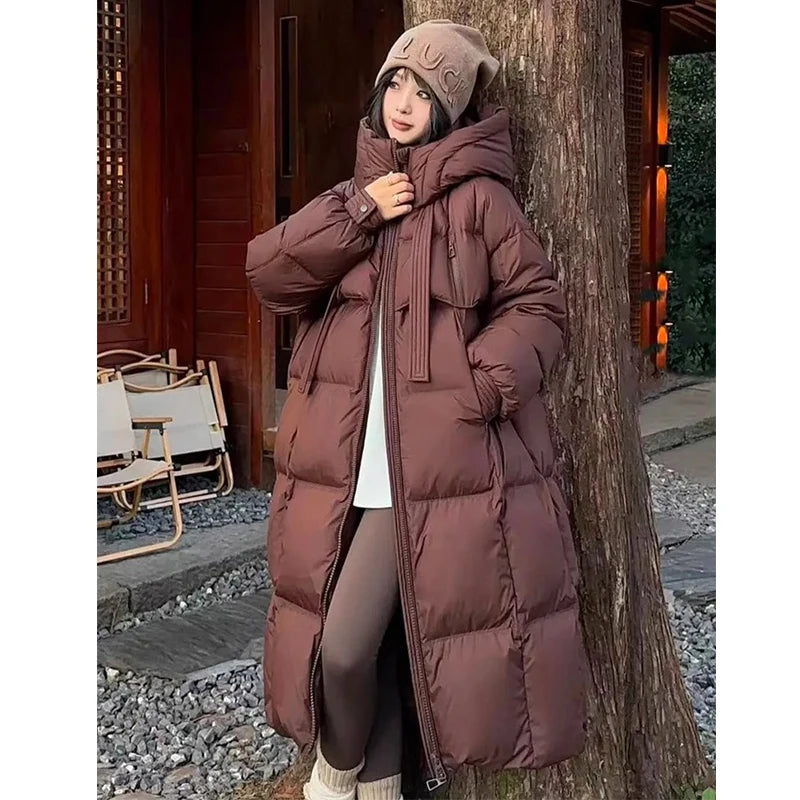 Women’s Korean Long Down Cotton Padded Jacket – Thick Hooded Winter Overcoat Solid Warm Topcoat 2026
