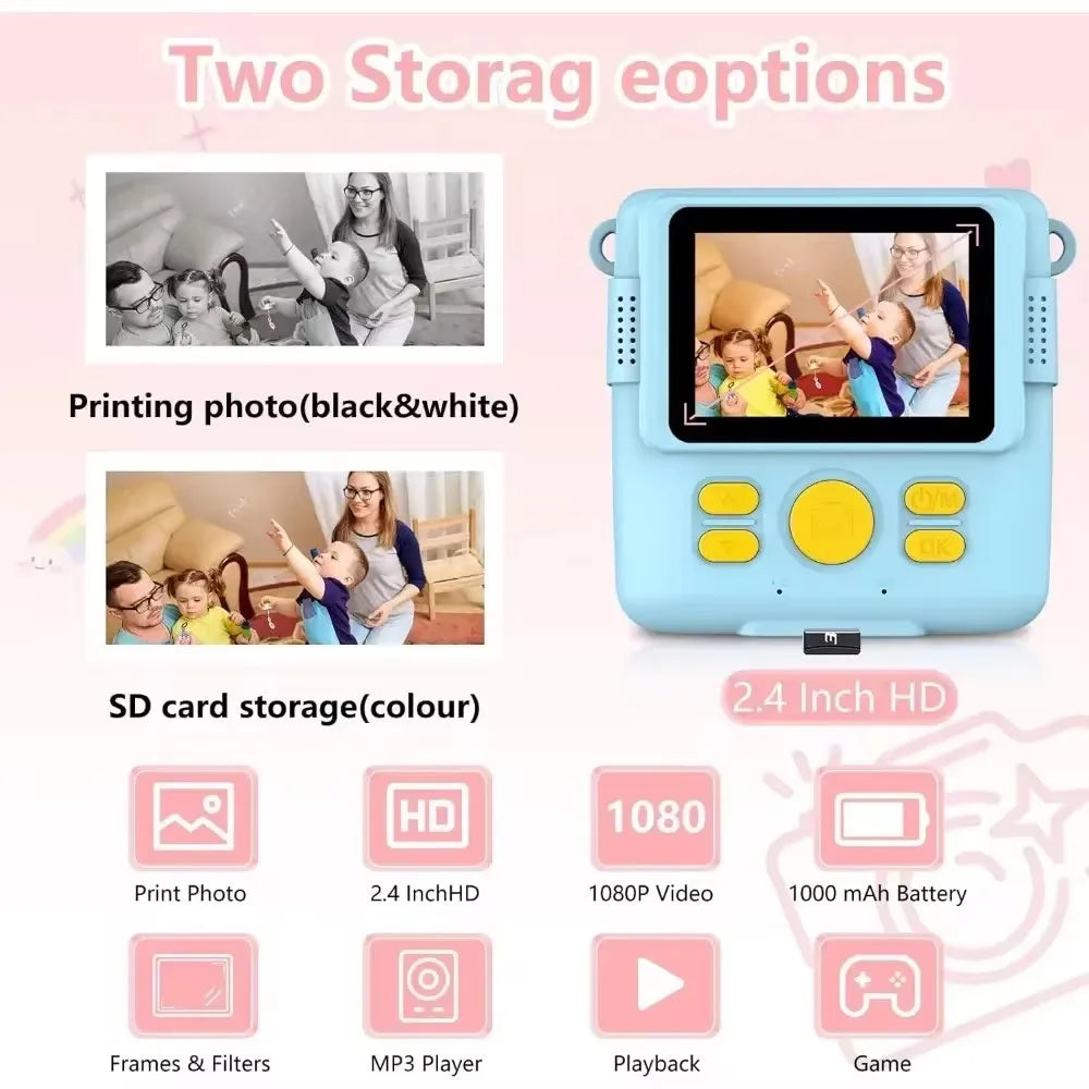Portable Instant Print Camera for Kids - 1080P HD Video Camera with 3 Rolls Photo Paper and 32GB Card